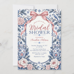 Winter Chinoiserie Blue Dusty Rose Bridal Shower Invitation