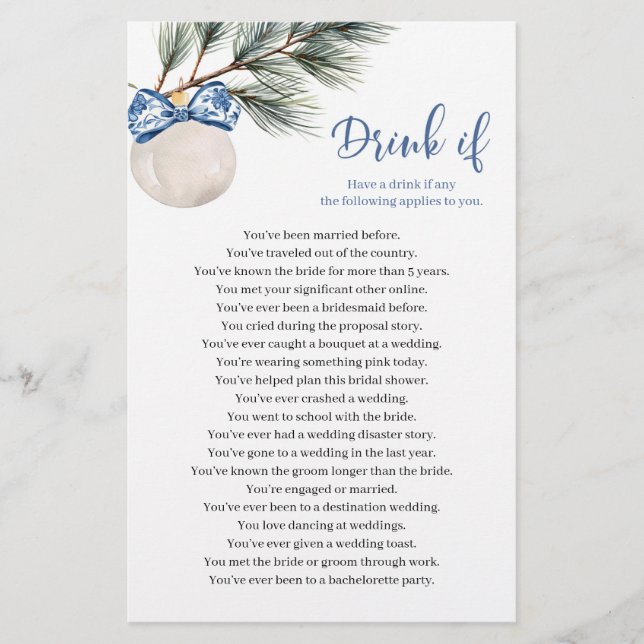 Winter Chinoiserie Bow Drink If Bridal Shower Game (Front)