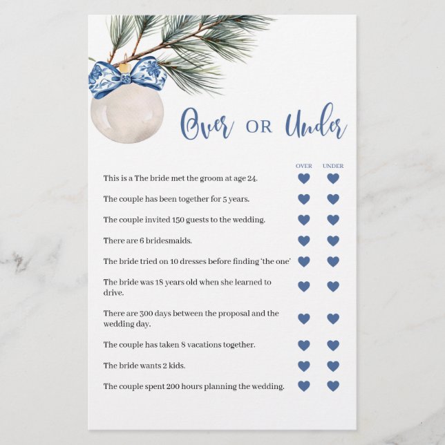 Winter Chinoiserie Bow Over or Under Games Card (Front)