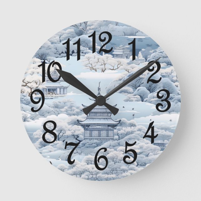 Winter Chinoiserie Pagoda  Round Clock (Front)