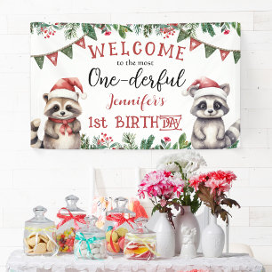 Winter Christmas 1st Birthday Party Cute Raccons  Banner