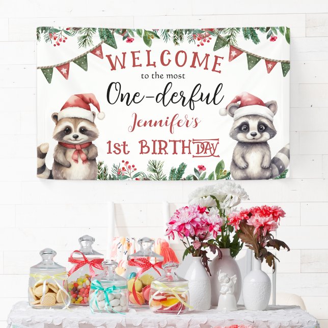 Winter Christmas 1st Birthday Party Cute Raccons  Banner (Creator Uploaded)