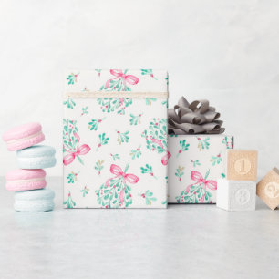 Winter Christmas Baby Pink Bow Mistletoe Pattern Wrapping Paper