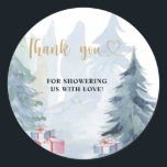 Winter christmas baby shower thank you  classic round sticker<br><div class="desc">Baby it's cold outside baby shower Invitation. Gender Neutral Baby Shower Invitation. Matching items available.</div>