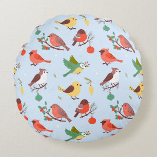 Winter Christmas Birds Kids Round Cushion
