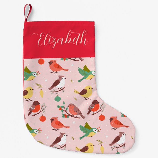 Winter Christmas Birds Personalized Kids Small Christmas Stocking (Front)