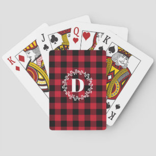 Winter Christmas Buffalo Check Wreath Monogram Playing Cards