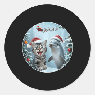 Winter Christmas Cat Dolphin Lover Selfie With San Classic Round Sticker