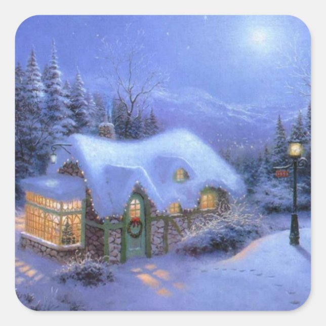 Winter Christmas Cottage In the Snow Square Sticker (Front)