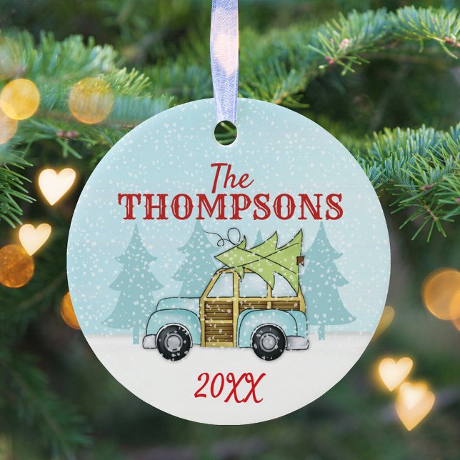 Winter Christmas Country Snowflake Personalised Ceramic Tree Decoration (Winter blue car with Christmas tree with falling snow simple circle ceramic ornament. )