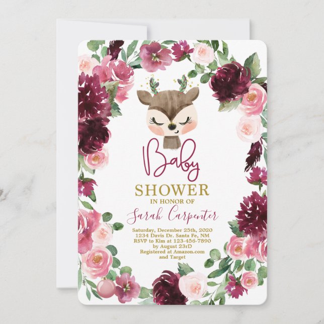 Winter christmas cute deer baby shower girl invitation (Front)
