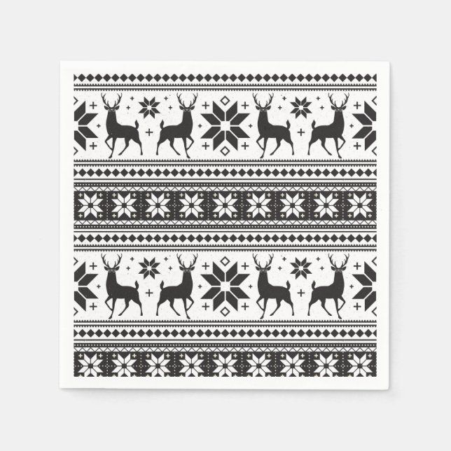 Winter Christmas Deer Black Snowflake Pattern Napkin (Front)
