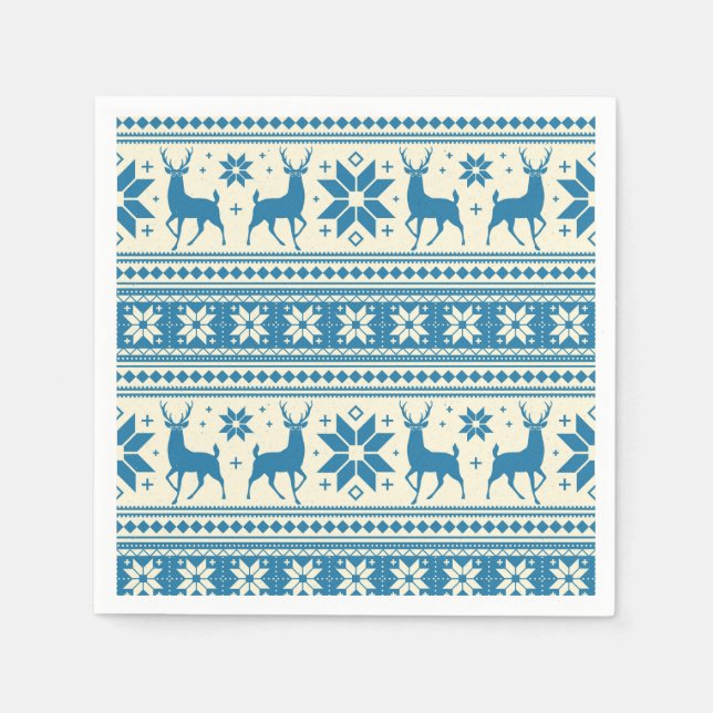 Winter Christmas Deer Blue Snowflake Pattern Napkin (Front)