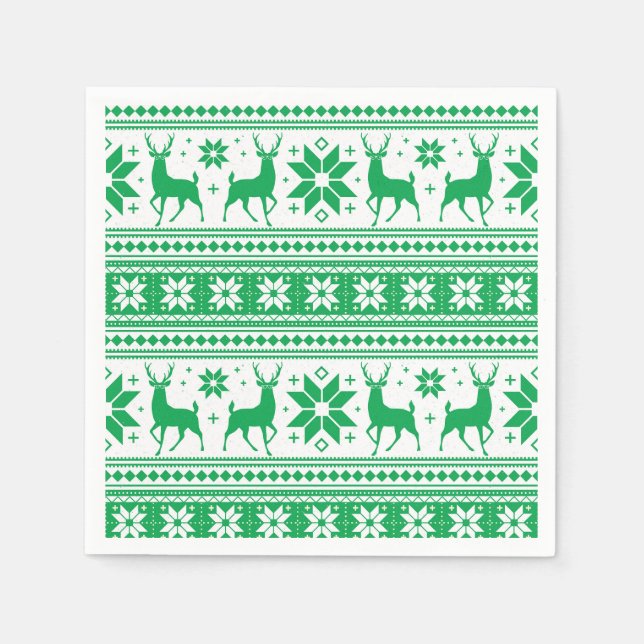 Winter Christmas Deer Green Snowflake Pattern Napkin (Front)