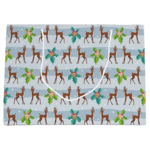Winter Christmas Deer with Holly Retro Inspired Large Gift Bag