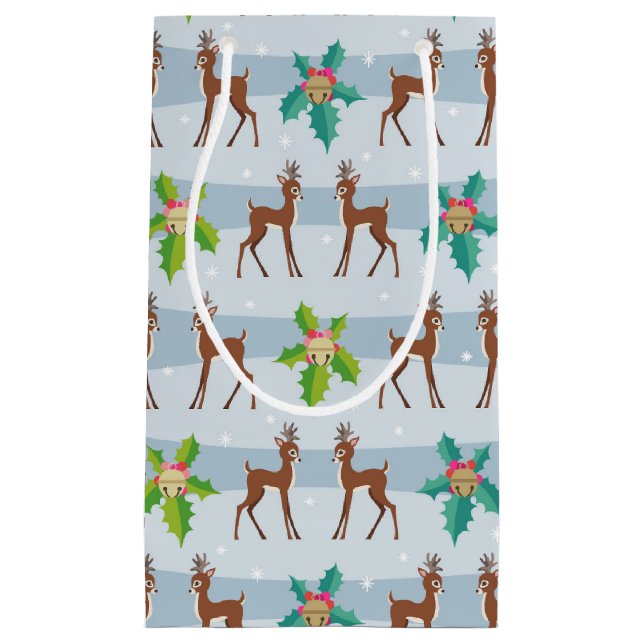Winter Christmas Deer with Holly Retro Inspired Small Gift Bag (Front)