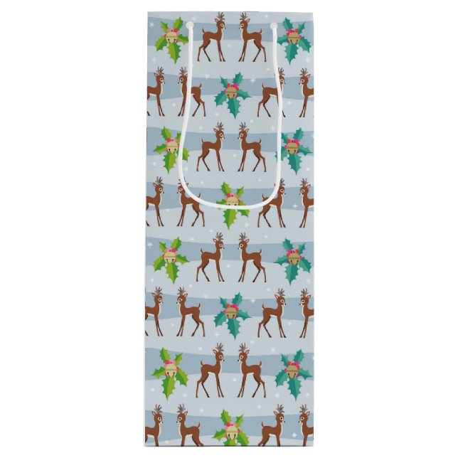 Winter Christmas Deer with Holly Retro Inspired Wine Gift Bag (Front)