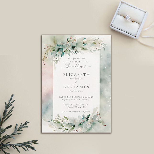 Winter Christmas Dreamy Watercolor Elegant Wedding Invitation (winter wedding invitation christmas dreamy watercolor greenery botanical frame elegant bohemian)