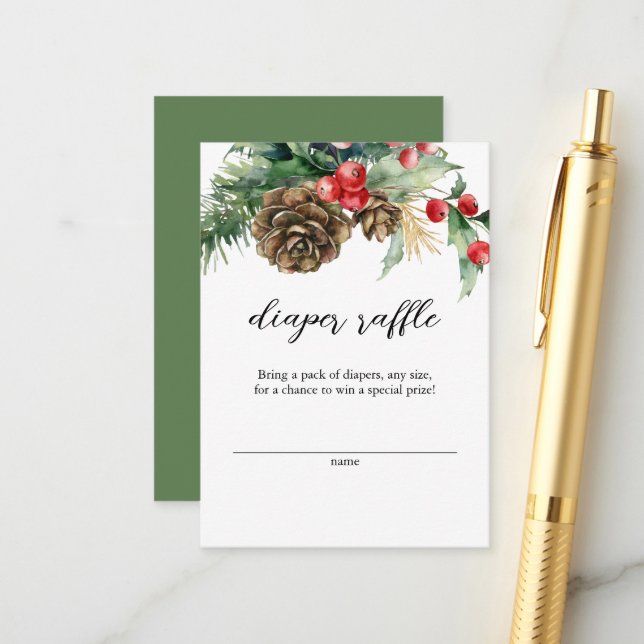 Winter Christmas Evergreen Diaper Raffle Enclosure Card (Front/Back In Situ)