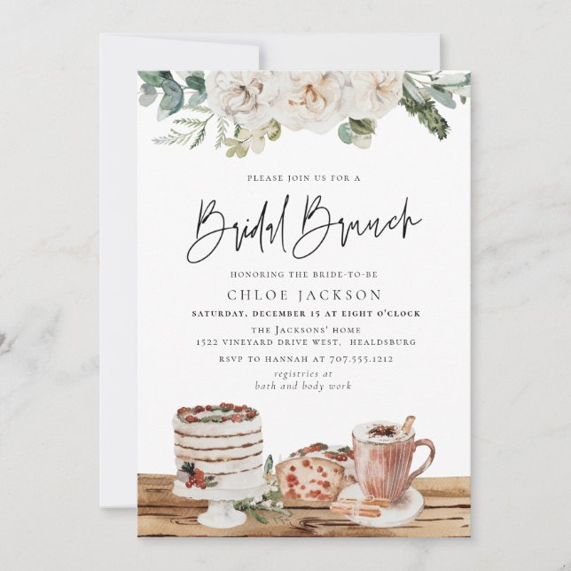 Winter Christmas Floral Greenery Bridal Brunch Invitation (Front)