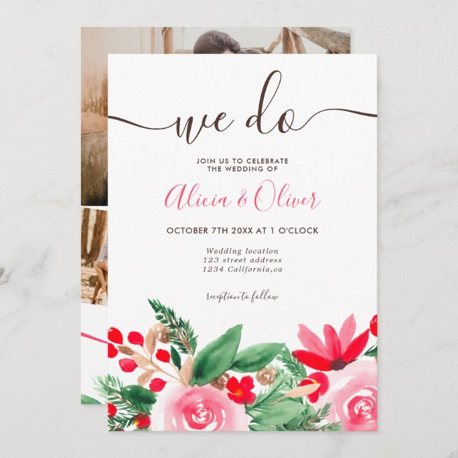 Winter Christmas floral photo initials wedding Invitation (Front/Back)