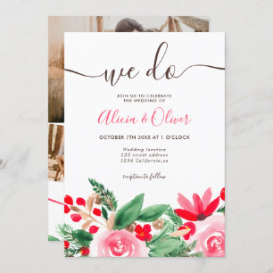 Winter Christmas floral photo initials wedding Invitation
