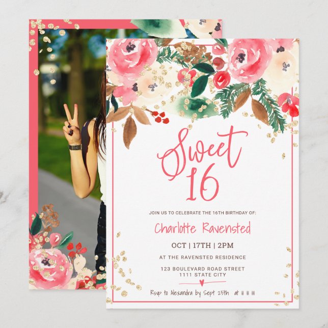 Winter Christmas floral Watercolor photo Sweet 16 Invitation (Front/Back)