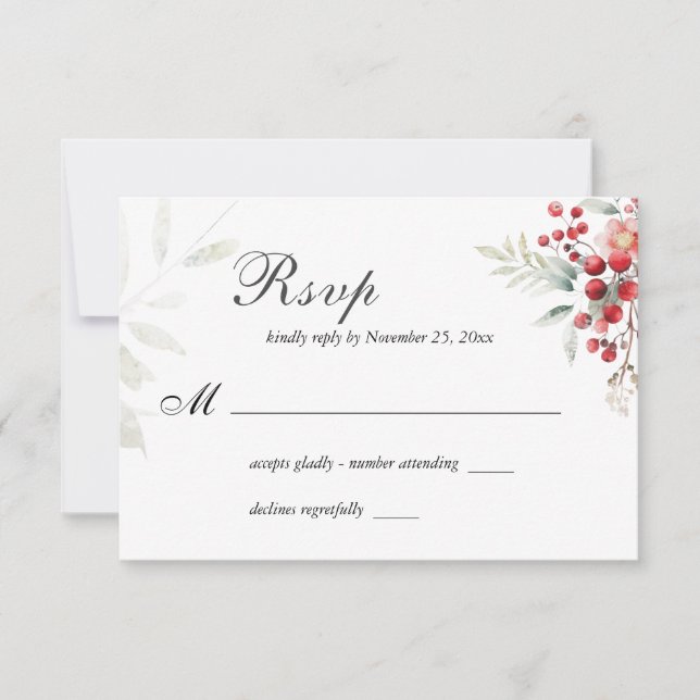 Winter Christmas Floral Watercolor Wedding RSVP Card (Front)