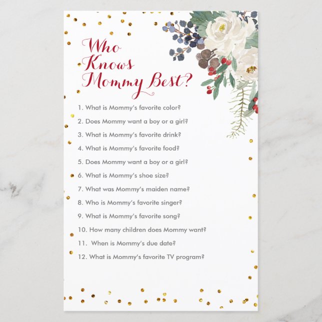 Winter Christmas Floral Who Knows Mummy Best Game (Front)