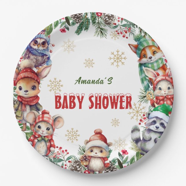 Winter Christmas Forest Animals Baby Shower Paper Plate (Front)