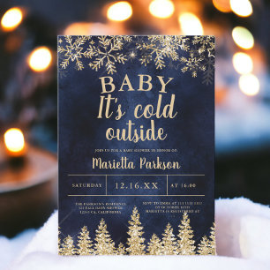 Winter Christmas gold snow pine navy  baby shower Invitation