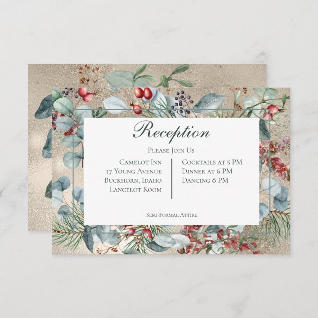 Winter Christmas Greenery Gold Reception Wedding Enclosure Card (Front/Back)