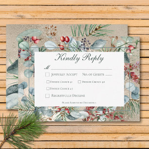 Winter Christmas Greenery Gold Three Dinner RSVP Card