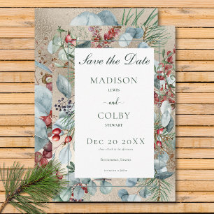 Winter Christmas Greenery Gold Wedding Save The Date