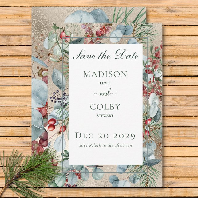 Winter Christmas Greenery Gold Wedding Save The Date (Winter Christmas Greenery Gold Wedding Save The Date)
