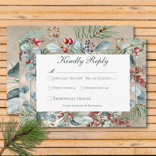 Winter Christmas Greenery Gold Wedding Two Dinner RSVP Card