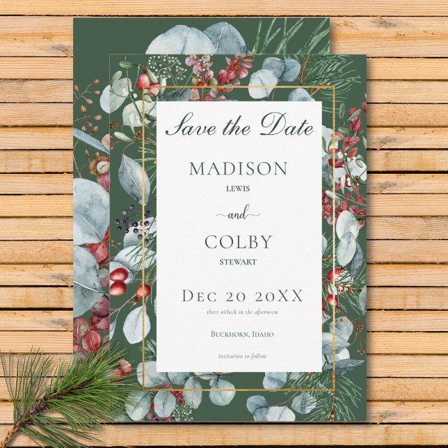 Winter Christmas Greenery Green Save the Date Card (Winter Christmas Greenery Green Save the Date Card)