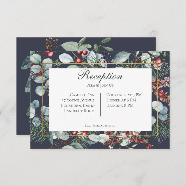 Winter Christmas Greenery Navy Reception Wedding Enclosure Card (Front/Back)