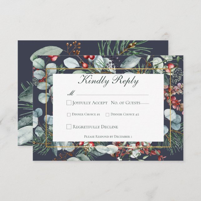 Winter Christmas Greenery Navy Wedding RSVP Card (Front/Back)