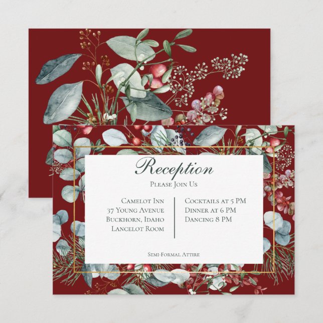 Winter Christmas Greenery Red Reception Wedding Enclosure Card (Front/Back)
