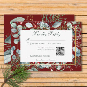 Winter Christmas Greenery Red Wedding QR Code RSVP Card