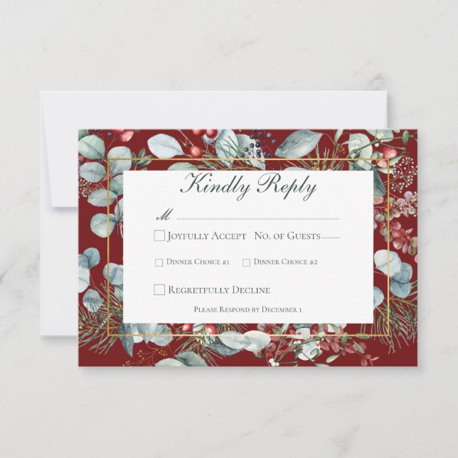 Winter Christmas Greenery Red Wedding RSVP Card (Front)