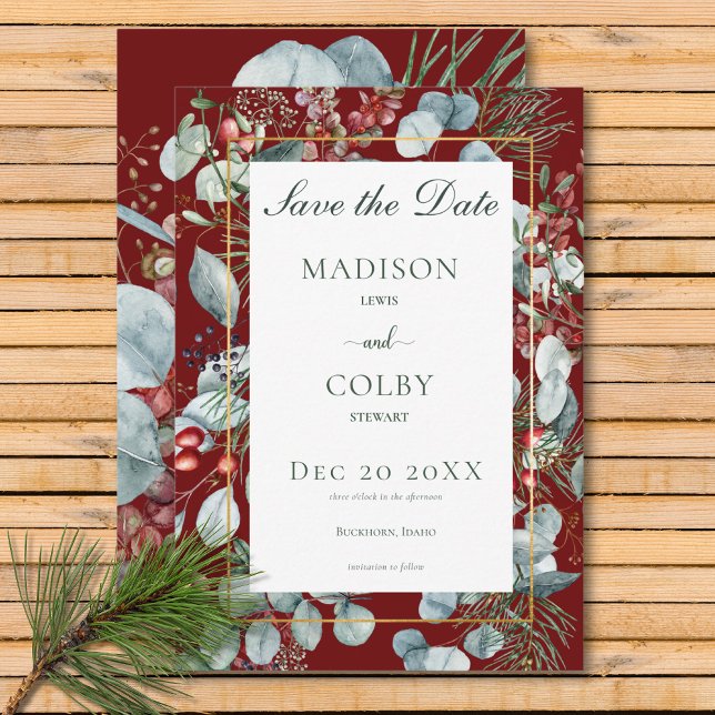 Winter Christmas Greenery Red Wedding Save The Date (Winter Christmas Greenery Red Wedding Save The Date)