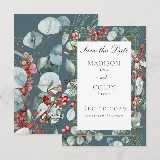 Winter Christmas Greenery Teal Wedding Save The Date (Front/Back)