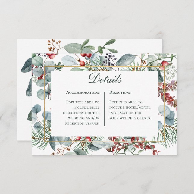 Winter Christmas Greenery Wedding Details  Enclosure Card (Front/Back)