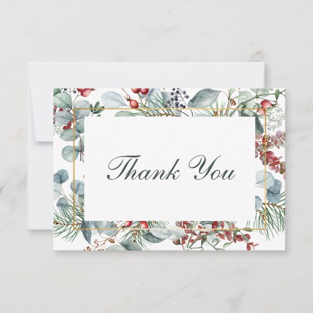 Winter Christmas Greenery Wedding Thank You Card (Front)