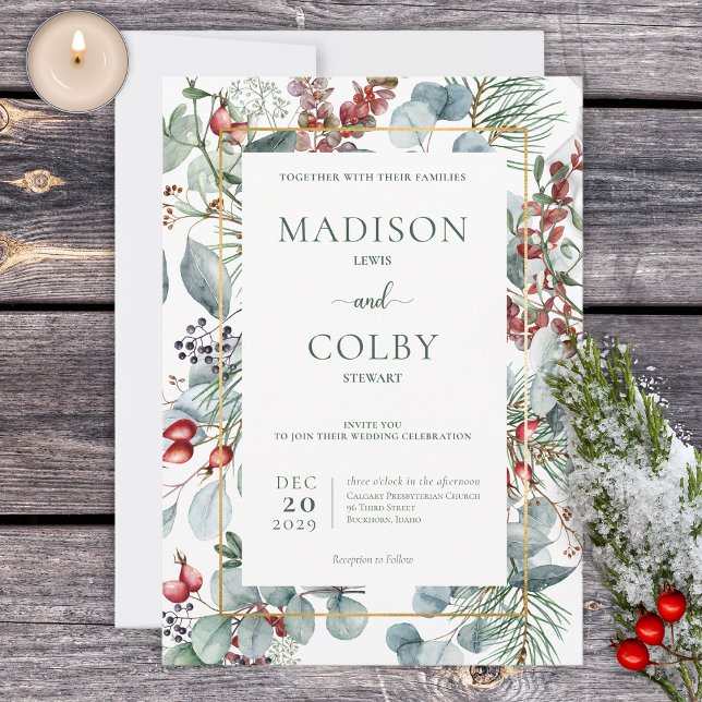 Winter Christmas Greenery White Wedding Invitation (Creator Uploaded)