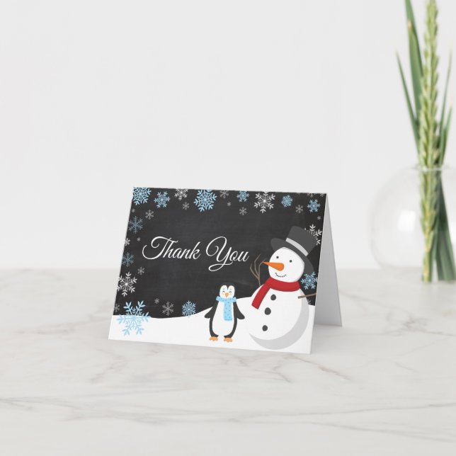 Winter Christmas Holiday Blue Snowflake Chalkboard Thank You Card (Front)