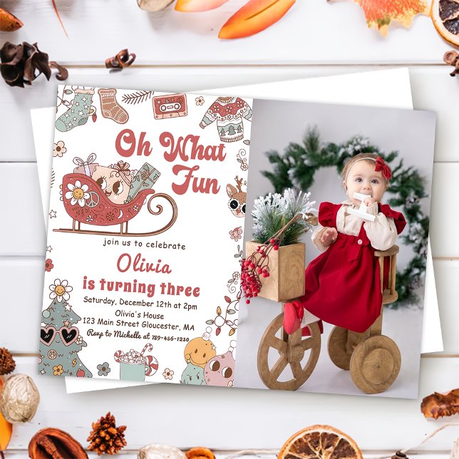 Winter Christmas Holiday Groovy Birthday Photo Invitation (Creator Uploaded)