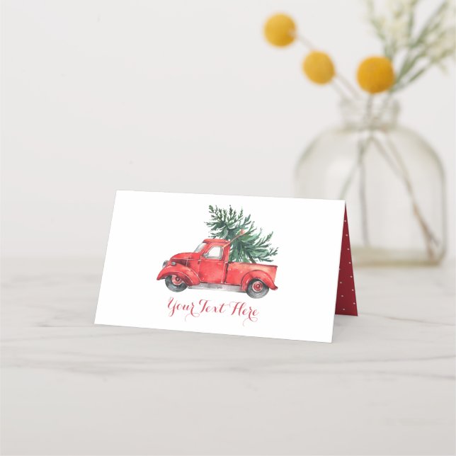 Winter Christmas Holiday Party Red Truck Pine Tree Place Card (Front)